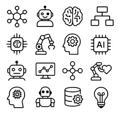 Poster - A collection of high-tech icons, showcasing the innovative world of artificial intelligence, robotics, and data processing. A vibrant ensemble of symbols.