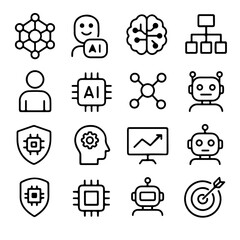 Poster - A comprehensive array of cutting-edge icons unveils a diverse set of concepts, including artificial intelligence, interconnected networks, and data processing.