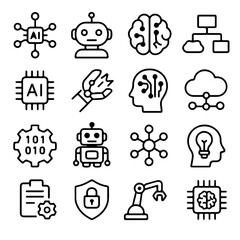 Poster - A collection of intricate tech illustrations showcasing interconnected AI elements, robotics, and network structures, representing the complex realm of artificial intelligence and modern technology.