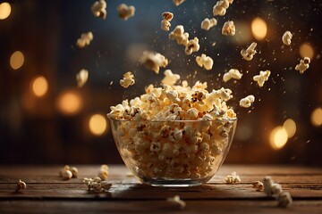 Captivating popcorn explosion in a glass bowl, creating a cinematic ambiance with blurred warm lights for entertainment and leisure