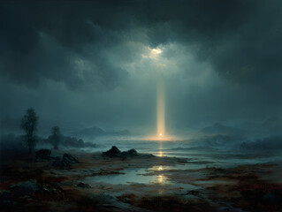 Wall Mural - Otherworldly landscape with luminous beam in a desolate and mysterious scene