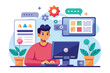 © fatman - Web designer engaged in UI UX programming at a computer workspace surrounded by plants and user interface elements