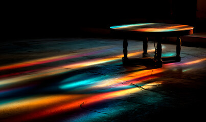 Poster - A dark background with an empty table illuminated by dynamic, colorful lighting