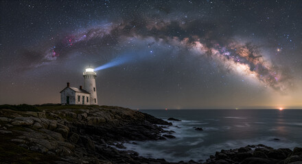 Night sky panorama with lighthouse