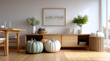 Poster - Watercolor painting features pumpkins in various sizes and colors on a wooden sideboard in a cozy, farmhouse-style setting