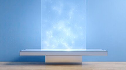 Poster - Futuristic Display Stand with Soft Blue Background and Glowing Holographic Screen Effect