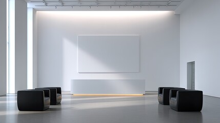 Poster - Modern Art Gallery Interior with Minimalist Design and Empty Canvas on White Wall