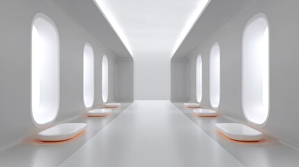 Poster - Modern and Minimalist Futuristic Interior Design with Light and Curved Windows in Bright Space