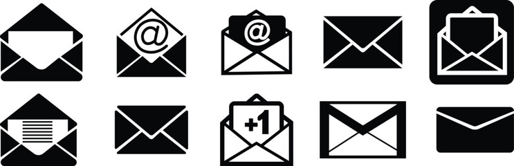 Poster - Email envelope icons set, vectors black flat mail symbols collection including incoming message, notification, at signs, letter in inbox, digital communication for UI, web, and mobile designs.