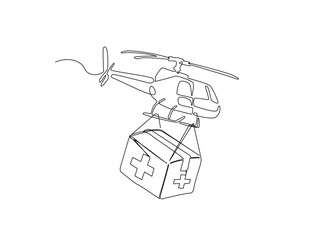 Leinwandbilder - Continuous line art drawing of helicopter carrying medicine package. Helicopter carrying medical box in single line art drawing vector illustration. Editable stroke.