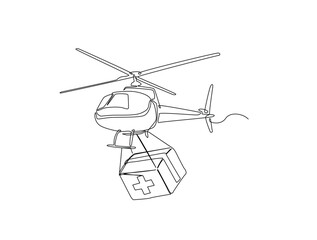 Leinwandbilder - Continuous line art drawing of helicopter carrying medicine package. Helicopter carrying medical box in single line art drawing vector illustration. Editable stroke.