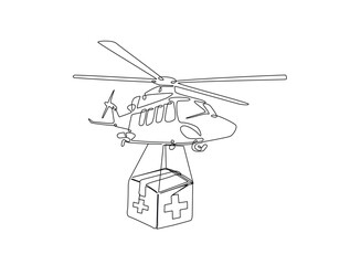 Leinwandbilder - Continuous line art drawing of helicopter carrying medicine package. Helicopter carrying medical box in single line art drawing vector illustration. Editable stroke.