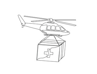 Leinwandbilder - Continuous line art drawing of helicopter carrying medicine package. Helicopter carrying medical box in single line art drawing vector illustration. Editable stroke.