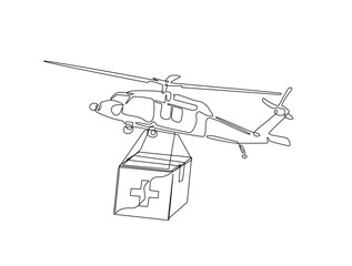Leinwandbilder - Continuous line art drawing of helicopter carrying medicine package. Helicopter carrying medical box in single line art drawing vector illustration. Editable stroke.