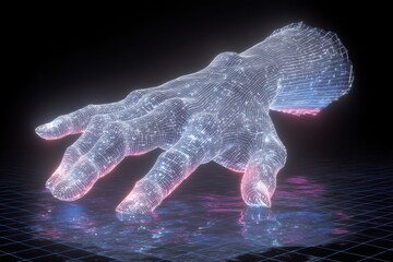 Poster - Glowing wireframe hand floating with a futuristic grid background