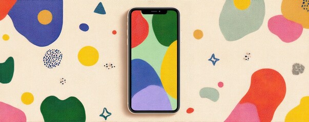 Poster - Vibrant abstract illustration featuring a smartphone surrounded by colorful organic shapes