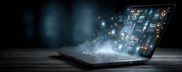 Poster - Laptop featuring glowing neon interface projecting virtual technology visuals