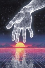Poster - Digital wireframe hand reaching toward a sunset in a futuristic landscape