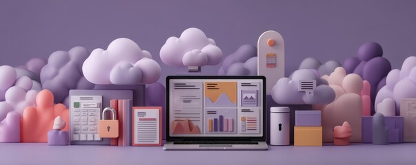 Poster - Isometric illustration of cloud-based data analytics with vibrant soft colors