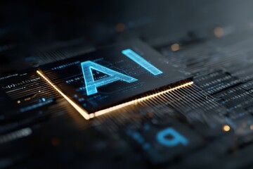 Poster - Futuristic chip design featuring AI text glowing in technological ambiance