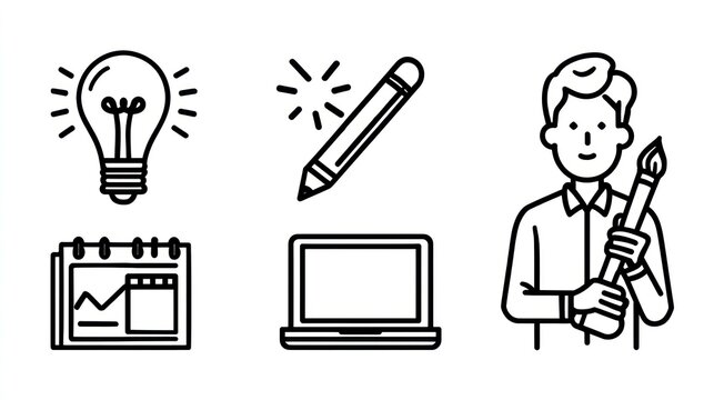 Graphic icons depicting idea, schedule, laptop, writing utensil, and artist, vector
