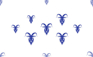 Poster - Seamless pattern of large isolated blue goat symbols. The pattern is divided by a line of elements of lighter tones. Illustration on light transparent background