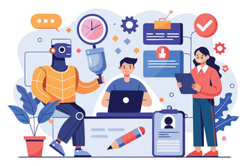 Poster - Business and marketing characters collaborating with artificial intelligence for strategic project development at a modern workspace