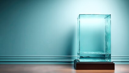 Empty display case against a teal wall.