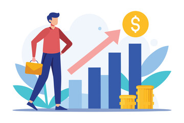 Poster - Human standing with crossed legs, leaning on a railing while observing financial growth represented by a chart and coins in a bright and vibrant setting