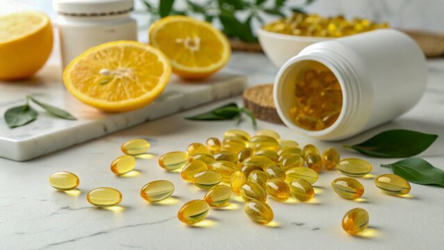 Yellow vitamin capsules spread on clean white surface. Soft natural light. Fresh and healthy theme. Pharmacy and nutrition concept. Very realistic rendering.