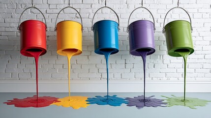Poster - Series of paint buckets are dripping paint onto a wall. The buckets are of different colors, including red, yellow, green, and blue. Concept of creativity and artistic expression