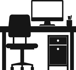 Black silhouette of a desk with a computer and a chair, which is likely an office setup
