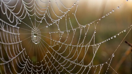 Close-up photo of a spider web covered with dew in a fascinating nature. Close-up photo, outdoor environment, intricate details.