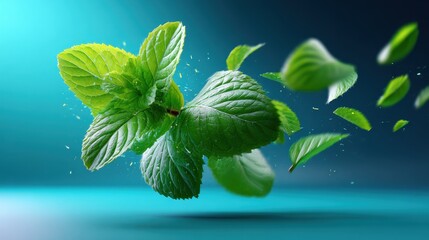 Poster - Fresh mint leaves floating and bursting with vibrant energy against a teal background in a creative, dynamic composition
