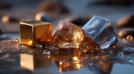 Poster - Reflective gems and cubes on a stone surface near water at twilight showcasing their gleaming visuals