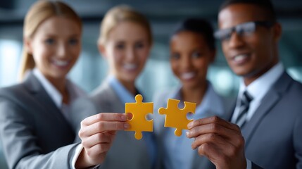Poster - Team members collaborate with yellow puzzle pieces to symbolize unity and problem-solving in a corporate environment