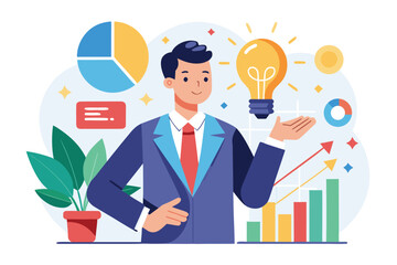 Poster - Confident businessman sharing innovative ideas and insights in a creative workspace with growth graphs and charts