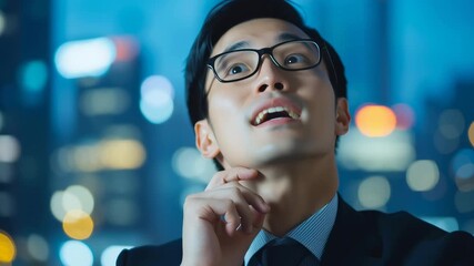 Poster - A man in a suit is looking up at the sky. He is wearing glasses and he is deep in thought