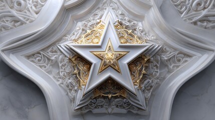 Poster - Decorative star sculpture featuring intricate design against a smooth marble background in a well-lit interior space