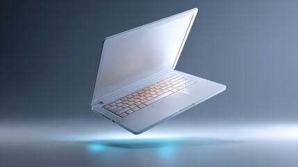 Poster - Laptop floating in mid-air with a glowing blue light effect in a minimalistic setting