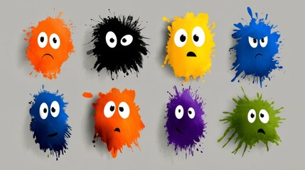 Poster - Set of colorful, cartoonish faces with eyes and mouths drawn on them. The faces are all different colors and sizes, and they appear to be looking at something or someone
