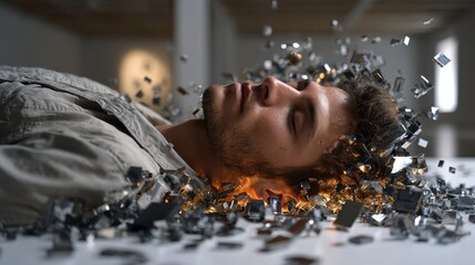Poster - Creative representation of a man with an imaginative explosion of metallic fragments around his head in an artistic space