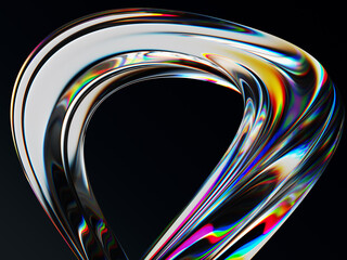 Poster - Neon fluid flow curve shape on black 3d background. Abstract liquid glass transparent ribbon wave line with rainbow caustic effect. Chromatic gradient water stream. Render dynamic bg. 3D illustration