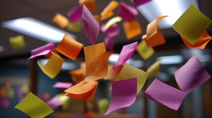 Poster - Colorful sticky notes float in the air during a brainstorming session in an office setting in the afternoon light