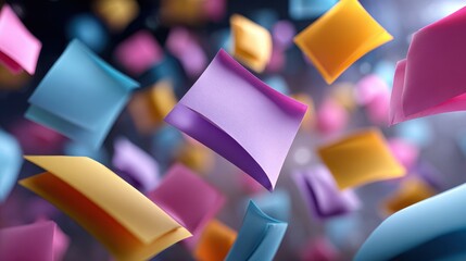 Poster - Colorful sticky notes fluttering in the air during a creative brainstorming session in an office environment