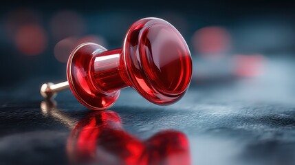 Poster - Bright red pushpin on a reflective dark surface with blurred background creating a modern office atmosphere