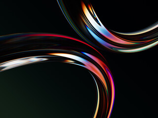 Poster - Abstract black 3d background with liquid glass chromatic wave lines render. Fluid flow curve shape with rainbow caustic effect, neon light hologram gradient. Digital tech dynamic bg. 3D illustration