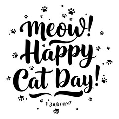 Poster - Meow! Happy Cat Day graphic design with cat paw prints.