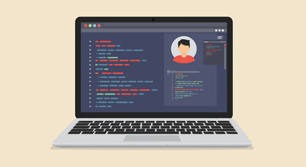 A laptop displaying lines of code and a profile picture, representing a software developer's workspace.