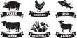 © Colorful Concept - food icons with animal silhouettes and banner labels for pork chicken fish beef